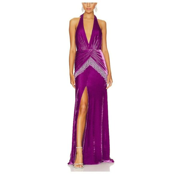 PatBO Dresses & Skirts - PatBo $895 Purple Velvet Beaded Plunge Halter Formal Maxi Gown Dress Size 6 NWT